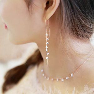 14k Gold Beautiful Diamond Drop Threader Earrings Sterling Silver
